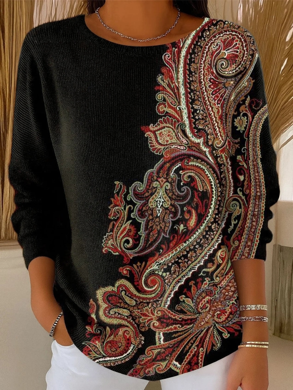 Black Sweater with Red Paisley Scroll Print Size 2X